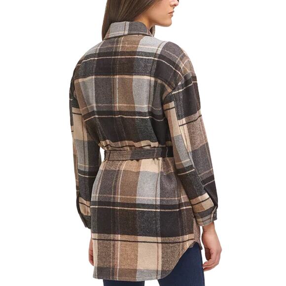 Levi's Plaid Brown Gray Belted Shirt Jacket Button Up Womens Medium Wool Blend - Picture 2 of 15